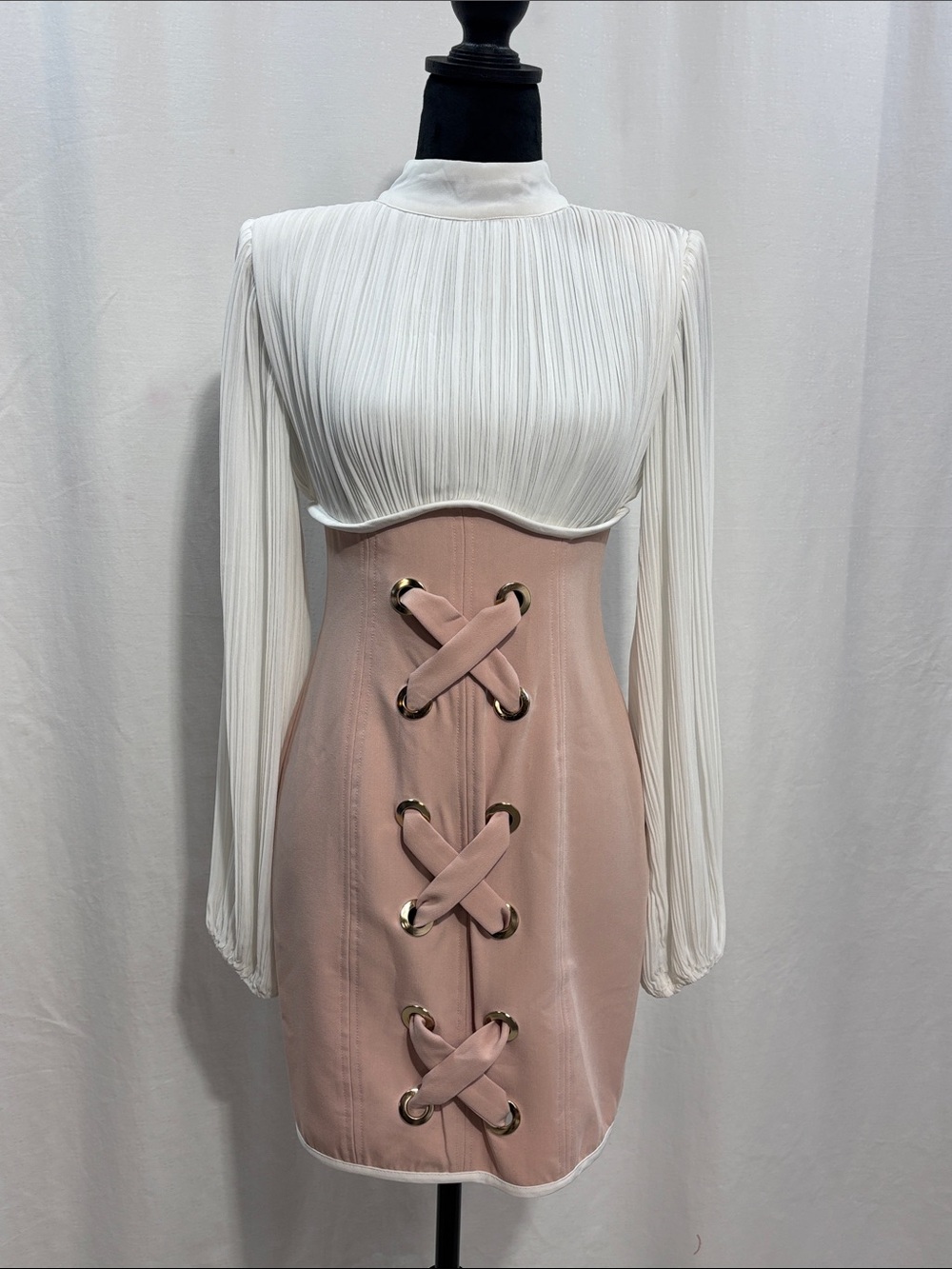 L'ATISTE by Amy White & Blush Pink Corset-Lace Mini Dress pleated long sleeve
